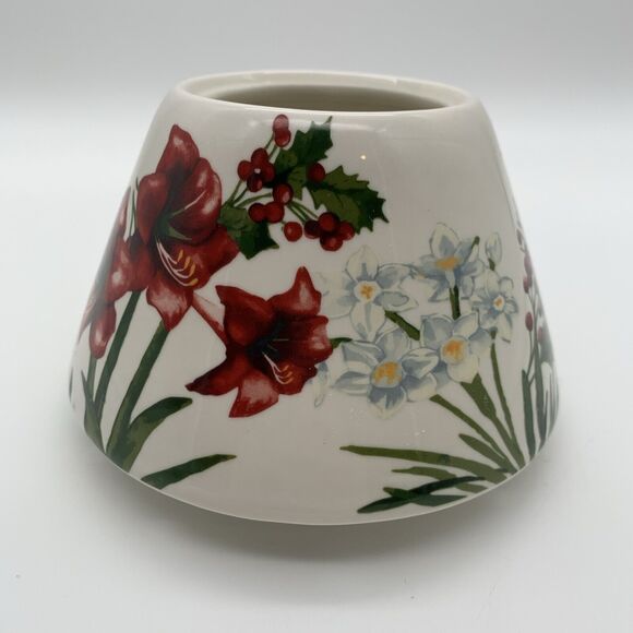 Candle Jar Ceramic Shade Topper Holly Berries Amaryllis Daphodils Winter Holiday - Picture 1 of 8
